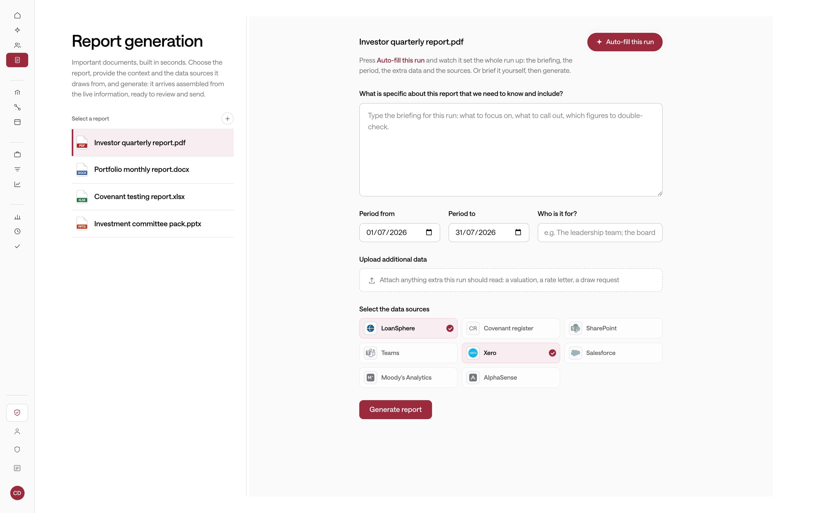 Report generation: the report, its briefing, its period and the data sources it draws from.